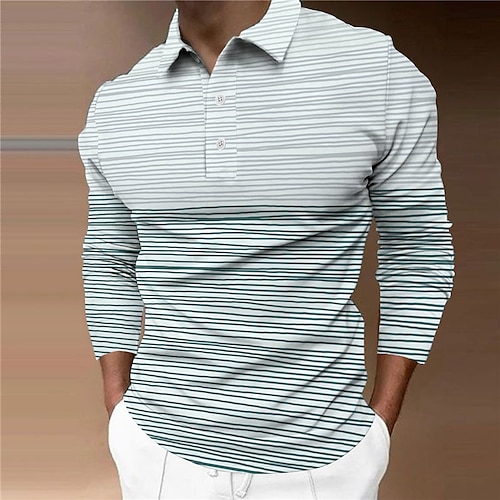 

Men's Collar Polo Shirt Golf Shirt Striped Turndown White 3D Print Outdoor Street Long Sleeve Button-Down Print Clothing Apparel Fashion Designer Casual Breathable