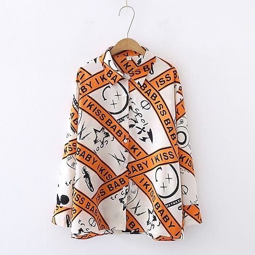 

Mulheres Camisa Social Blusa Laranja Cáqui Letra Imprimir Manga Longa Casual Diário Vintage Casual Colarinho de Camisa Geométrico S