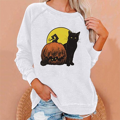 

Women's Sweatshirt Pullover Cat Pumpkin Print Halloween Weekend Hot Stamping Active Streetwear Clothing Apparel Hoodies Sweatshirts White Black