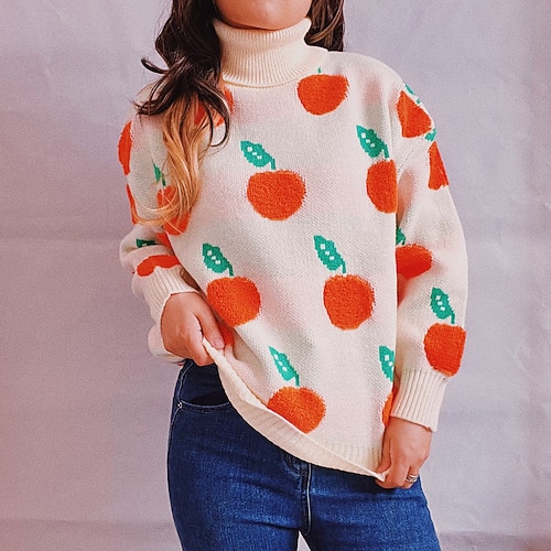 

Women's Pullover Sweater Jumper Chunky Knit Tunic Knitted Fruit Turtleneck Stylish Casual Home Daily Fall Winter Blue Navy Blue S M L / Long Sleeve
