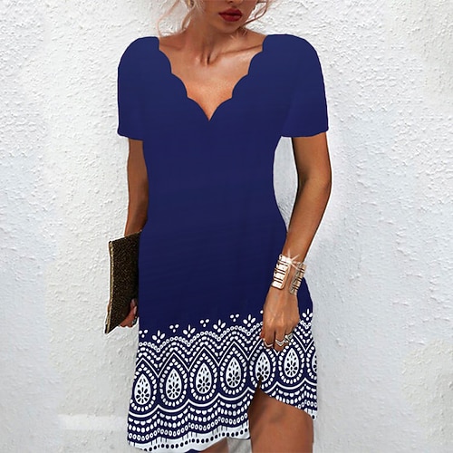 

Women's Casual Dress Shift Dress Knee Length Dress Navy Blue Short Sleeve Floral Print Spring Summer V Neck Casual Vacation 2022 S M L XL XXL 3XL
