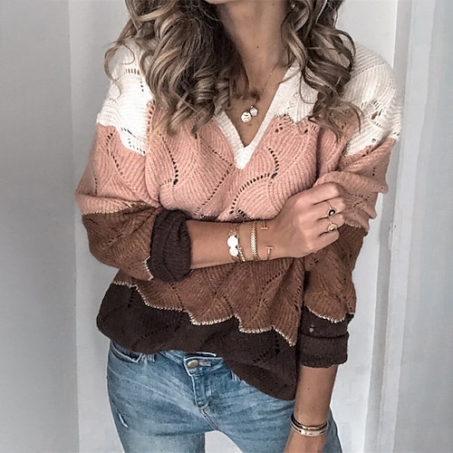 

Women's Jumper Crochet Knit Hollow Out Knitted Striped V Neck Stylish Casual Outdoor Daily Winter Fall Purple Pink S M L / Long Sleeve / Regular Fit / Going out