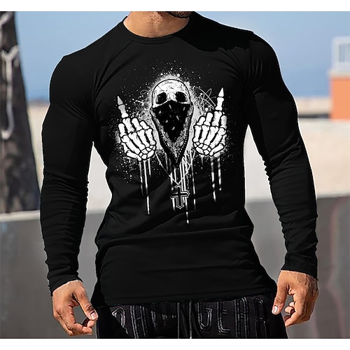 

Men's T shirt Tee Graphic Skull Crew Neck Black Print Street Sports Long Sleeve Print Clothing Apparel Fashion Designer Casual Comfortable