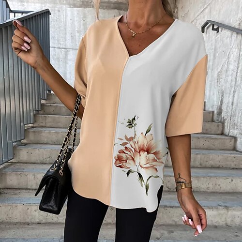 

Women's T shirt Tee Floral Color Block Casual Weekend Floral Painting T shirt Tee Short Sleeve Print V Neck Basic Khaki S / 3D Print