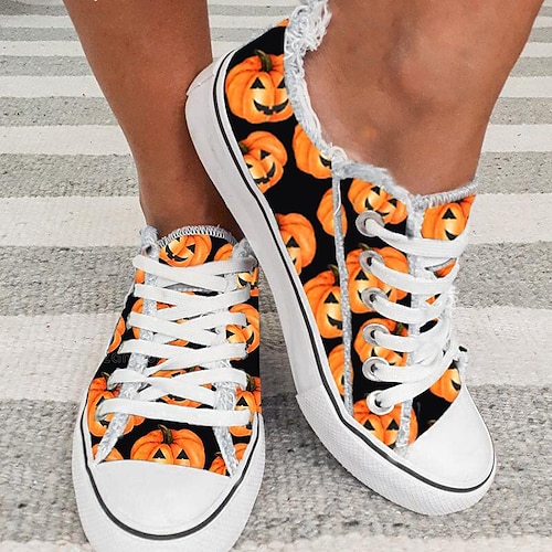 

Women's Unisex Sneakers Party Halloween Animal Print Winter Round Toe Casual Canvas Lace-up Geometric Color Block Orange