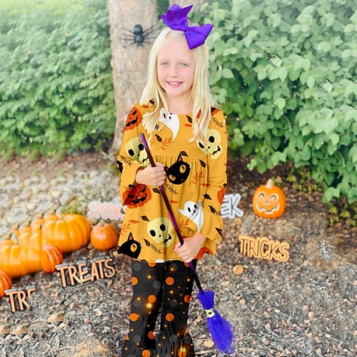 

Kids Girls' Halloween T-shirt Pants Clothing Set 2 Pieces Long Sleeve Yellow Skull Crewneck Ruffle Print Indoor Vacation Outdoor Active Daily Street Style 3-12 Years