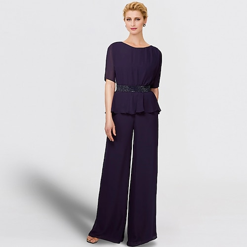 

Todelt Pantsuit Kjole til brudens mor Plusstørrelse Elegant Høj halset Gulvlang Chiffon Kortærmet med Bælte / bånd 2023