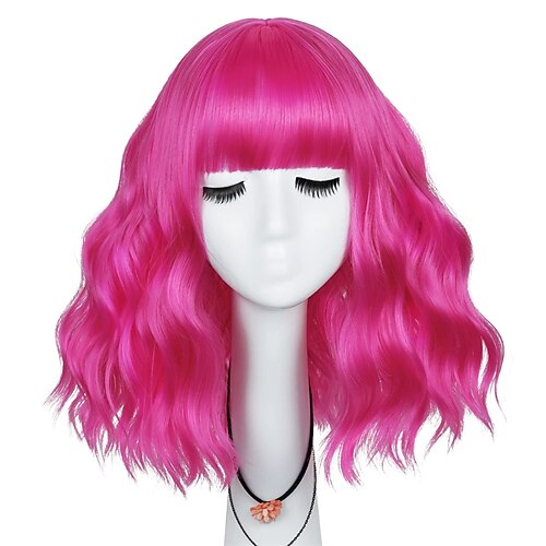 

rosa parykk kort bob parykk pastell rosa parykk for kvinner skulderlengde krøllede syntetiske parykker for daglig bruk cosplay og parykk temafester- 14 tommer