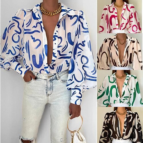 

Women's Blouse Shirt Green Blue Rose Geometric Long Sleeve Casual Daily Basic Casual V Neck Regular Lantern Sleeve S