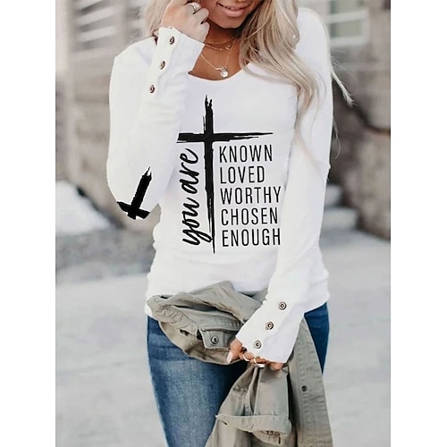 

Women's T shirt Tee Text Casual Weekend Painting T shirt Tee Long Sleeve Button Print Round Neck Basic White S / 3D Print