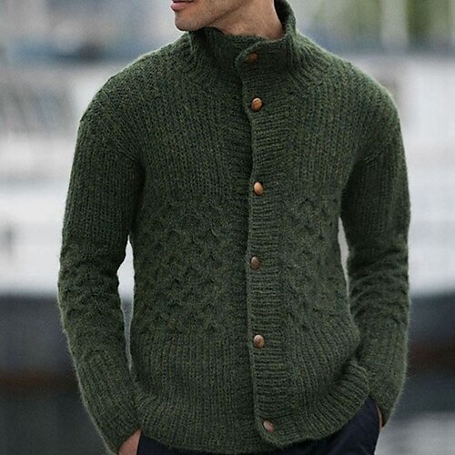 

Men's Sweater Cardigan Sweater Turtleneck Sweater Ribbed Knit Button Knitted Solid Color Stand Collar Basic Casual Daily Holiday Clothing Apparel Winter Fall Army Green S M L