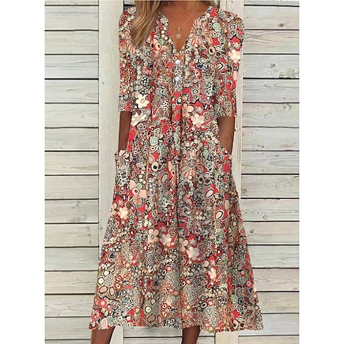 

Women's Casual Dress Ethnic Dress Floral Ditsy Floral Print Ruched Split Neck Midi Dress Classic Modern Daily Holiday Half Sleeve Regular Fit Red Blue Rose Red Summer Spring S M L XL XXL