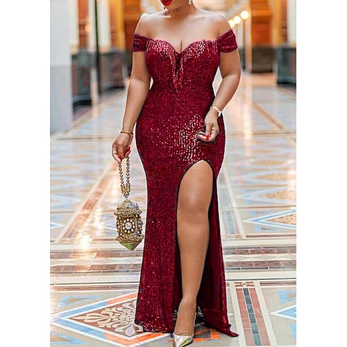 

Mermaid / Trumpet Evening Dresses Plus Size Dress Formal Floor Length Short Sleeve Off Shoulder Sequined with Sequin Slit 2022