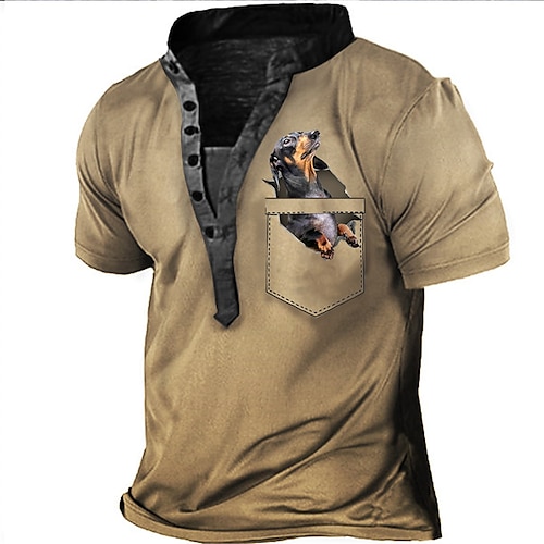 

Men's Henley Shirt Tee T shirt Tee 3D Print Dog Graphic Plus Size Stand Collar Daily Sports Button-Down Print Short Sleeve Tops Designer Basic Casual Big and Tall Brown / Summer