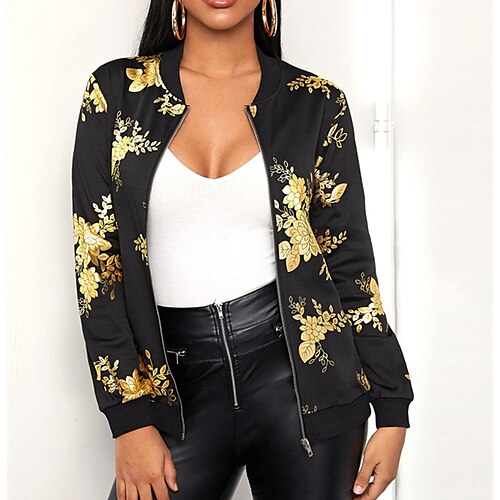 

Women's Casual Jacket Windproof Warm Outdoor Street Daily Vacation Zipper Print Zipper Stand Collar Casual Street Style Preppy Style Floral Regular Fit Outerwear Long Sleeve Winter Fall Black S M L XL