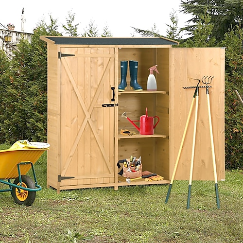 

TOPMAX Outdoor 5.3ft Hx4.6ft L Wood Storage Shed Tool OrganizerGarden Shed Storage Cabinet with Waterproof Asphalt Roof Double Lockable Doors 3-tier Shelves for Backyard Natural