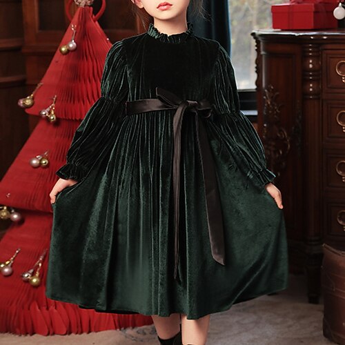

Kids Little Girls' Dress Solid Colored A Line Dress Vacation Green Midi Long Sleeve Princess Sweet Dresses Fall Winter Regular Fit 3-12 Years
