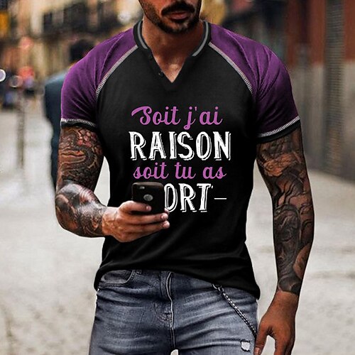 

Men's Unisex T shirt Tee 3D Print Color Block Graphic Prints Letter V Neck Street Daily Patchwork Button-Down Short Sleeve Tops Designer Casual Big and Tall Sports Purple / Summer / Summer