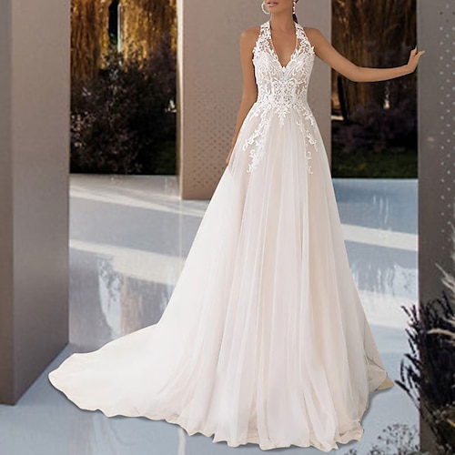 

A-Line Wedding Dresses V Neck Court Train Lace Tulle Sleeveless Formal Romantic Sexy Backless with Pleats Appliques 2022