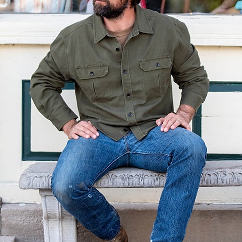 

Men's Shirt Jacket Shacket Winter Jacket Solid Color Turndown Army Green Street Daily Long Sleeve Button-Down Clothing Apparel Fashion Casual Comfortable / Beach
