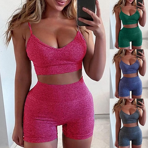 

Women's Tracksuit Yoga Suit 2 Piece Cropped Solid Color Shorts Tank Top Black Green Yoga Fitness Gym Workout Tummy Control Butt Lift Breathable Sport Activewear Stretchy / Athletic / Athleisure