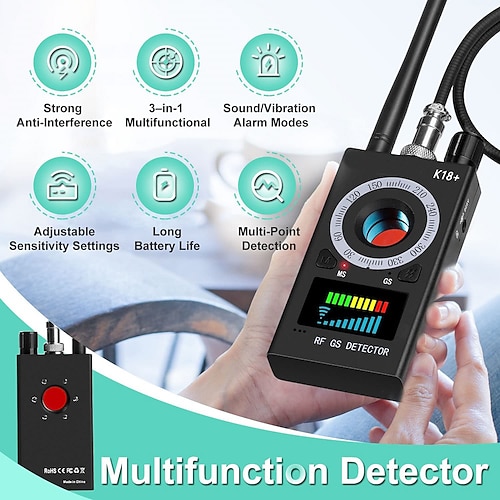 K18+ bugdetector, RF-signaalscanner en detector voor verborgen camera's, GPS-tracker, anti-spionageapparaat voor hotels, thuis, kantoor, reisbeveiliging, anti-afluisteren en anti-heimelijk filmen.