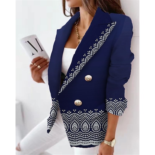 

Women's Blazer Breathable Office Work Daily Wear with Pockets Print Double Breasted Turndown OL Style Formal Modern Office / career Floral Regular Fit Outerwear Long Sleeve Winter Fall Black Blue S M