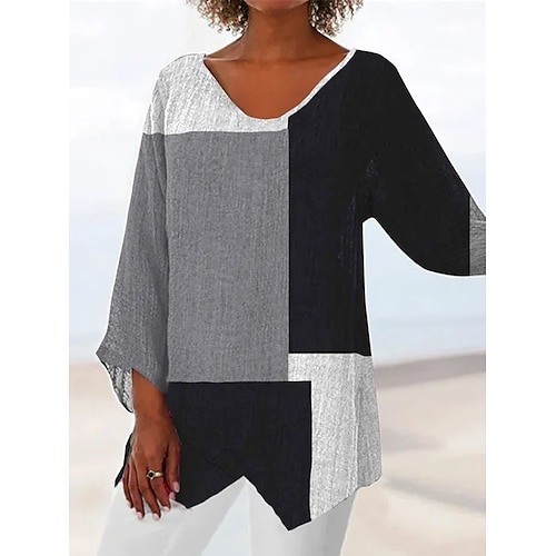 

Women's Shirt Color Block Daily Weekend Shirt Long Sleeve Asymmetric Print Round Neck Casual Streetwear Gray S / 3D Print