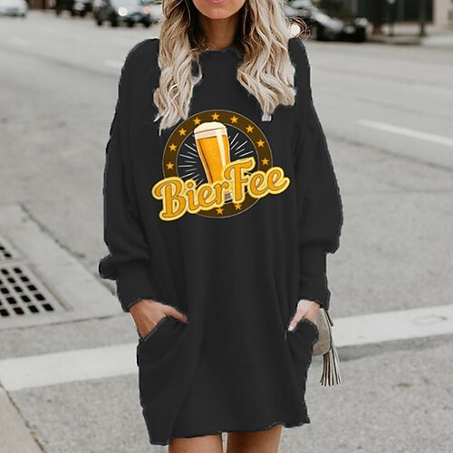 

Women's Shift Dress Short Mini Dress Black Long Sleeve Print Letter Pocket Print Fall Winter Hooded Casual 2022 S M L XL XXL 3XL