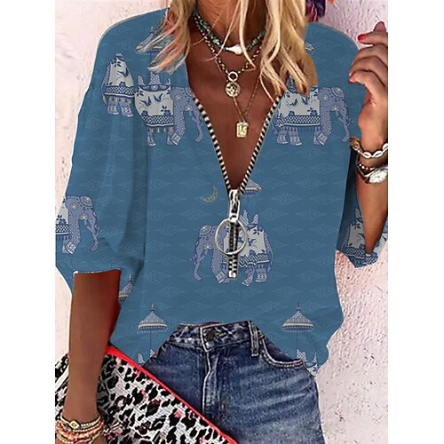 

Women's Shirt Animal Daily Weekend Shirt Long Sleeve Quarter Zip Print V Neck Casual Streetwear Blue S / 3D Print