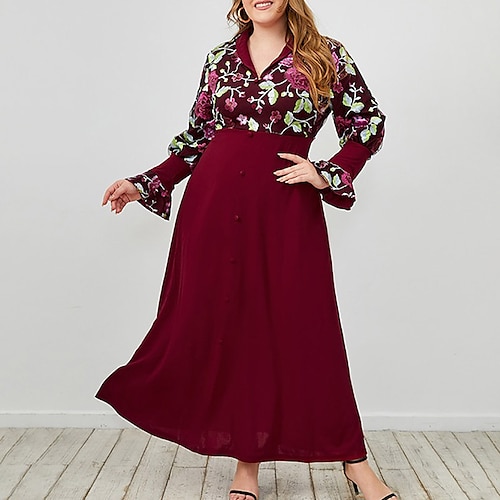 

Women's Plus Size A Line Dress Floral V Neck Print Long Sleeve Fall Spring Casual Maxi long Dress Daily Vacation Dress / Loose Fit