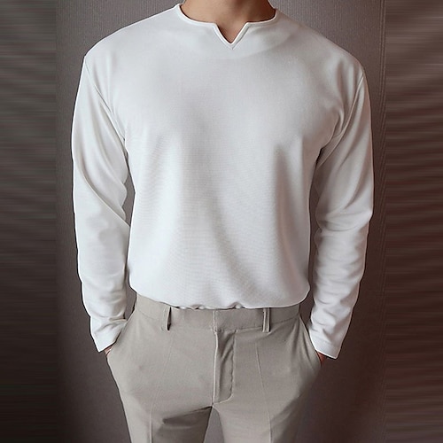 

Men's T shirt Tee Solid Color V Neck White Street Holiday Long Sleeve Clothing Apparel Fashion Casual Comfortable / Beach