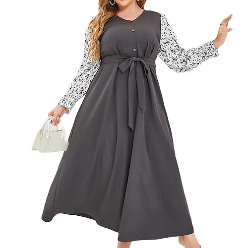 

Women's Plus Size Casual Dress Floral V Neck Print Long Sleeve Fall Winter Casual Maxi long Dress Causal Daily Dress