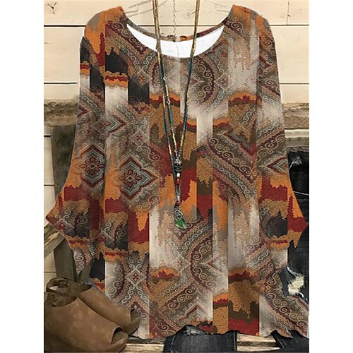 

Women's Plus Size Tops Blouse Shirt Geometry Print Long Sleeve Crewneck Streetwear Daily Vacation Polyester Fall Winter Blue Purple