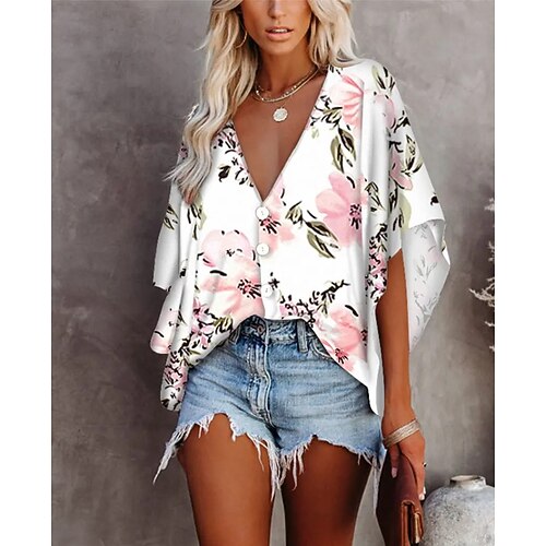 

Women's Blouse Floral Tie Dye Holiday Weekend Floral Blouse Shirt Half Sleeve Button Print V Neck Casual Streetwear Pink Orange S / 3D Print