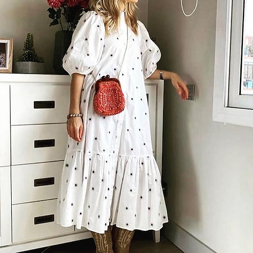 

Women's Shirt Dress Shift Dress Midi Dress White Khaki Half Sleeve Polka Dot Ruffle Print Fall Winter Stand Collar Casual Mature 2022 S M L XL / Casual Dress