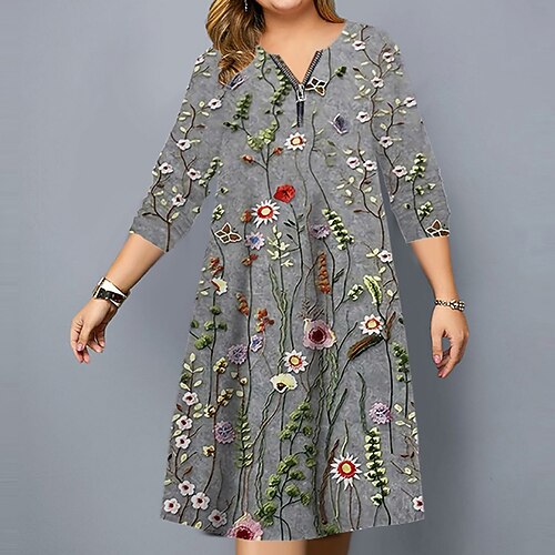 

Women's Plus Size Shift Dress Floral Crew Neck Print Long Sleeve Fall Spring Casual Knee Length Dress Daily Vacation Dress