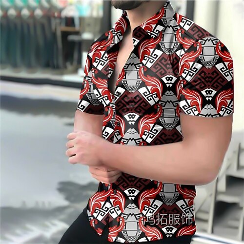 

Men's Shirt 3D Print Graphic Prints Standing Collar lnch shirt Casual Holiday 3D Print Long Sleeve Tops Ethnic Style Retro Sports RedGreyBlack Dark GrayRed Yellow