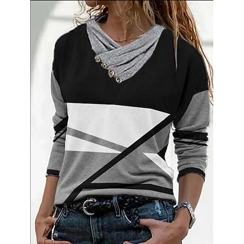 

Women's Blouse Graphic Casual Weekend Blouse Long Sleeve Button Print V Neck Basic Black Gray Fuchsia S / 3D Print