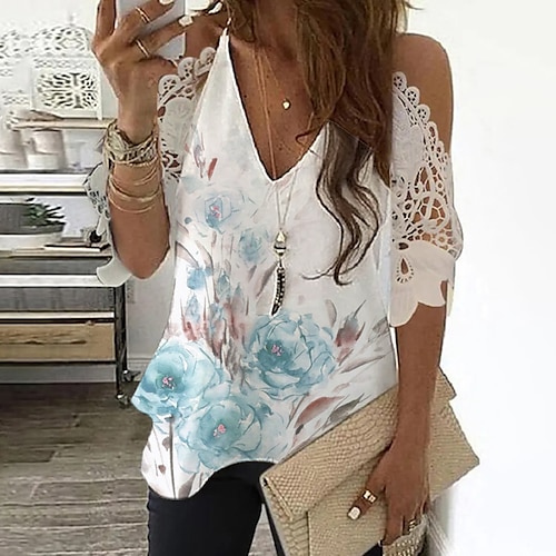 

Women's T shirt Tee Floral Casual Holiday Weekend Floral Painting T shirt Tee Half Sleeve Lace Patchwork Cold Shoulder V Neck Basic White S / 3D Print