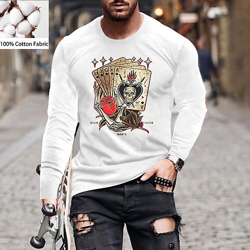 

Men's Unisex T shirt Tee Skull Poker Crew Neck Green White Black Gray Navy Blue Long Sleeve Hot Stamping Outdoor Street Print Tops Basic Sports Designer Simple