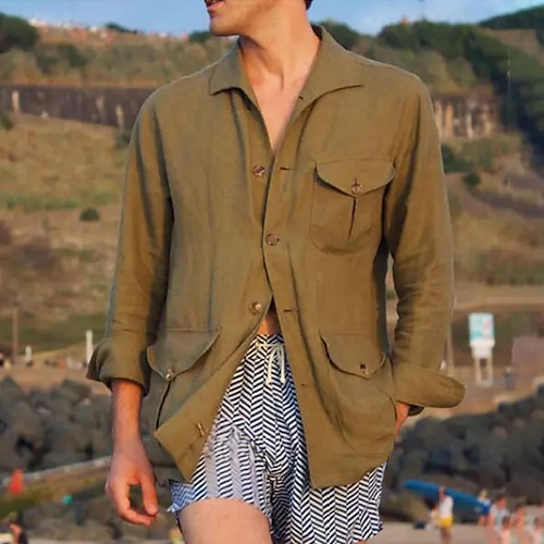 

Men's Shirt Solid Color Turndown Daily Holiday Button-Down Long Sleeve Tops Simple Casual Comfortable Army Green