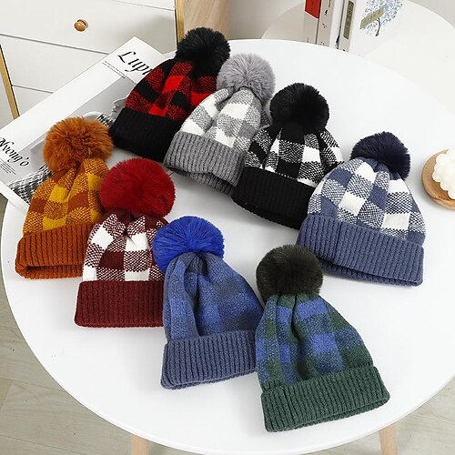 

new warm hats fashion women's autumn and winter cold-proof plaid knitted hat ear protection wool with ball cap