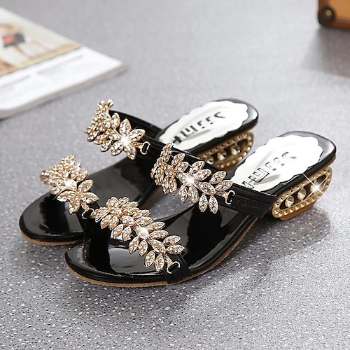 

Women's Sandals Outdoor Daily Beach Sparkly Sandals Summer Sparkling Glitter Chunky Heel Open Toe Elegant Sweet Walking Shoes PU Leather Loafer Solid Colored Black Gold Silver