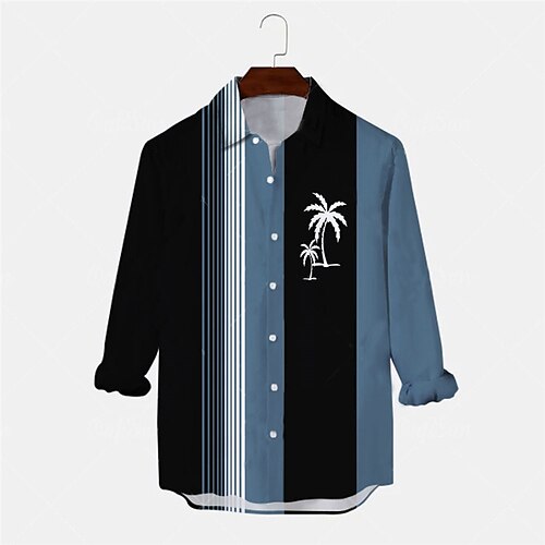 

Men's Shirt Coconut Tree Striped Turndown Blue Long Sleeve 3D Print Outdoor Street Button-Down Print Tops Fashion Designer Casual Breathable