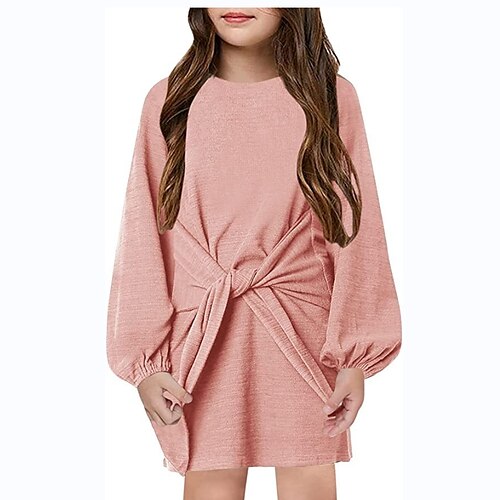 

Kids Little Girls' Dress Solid Colored A Line Dress School Daily Pink khaki Orange Beautiful Cute Dresses Fall Winter 4-12 Years