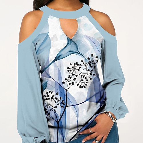 

Women's T shirt Tee Graphic Casual Weekend T shirt Tee Long Sleeve Cold Shoulder Print V Neck Basic Green Black Blue S / 3D Print