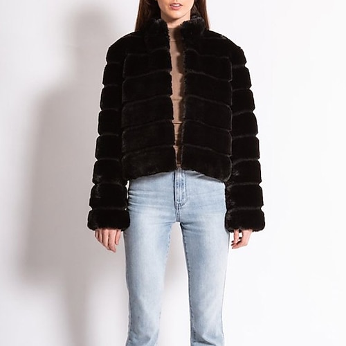 

Women's Faux Fur Coat Warm Breathable Outdoor Daily Wear Vacation Going out Patchwork Cardigan Stand Collar Modern Comfortable Street Style Plush Solid Color Loose Fit Outerwear Long Sleeve Winter