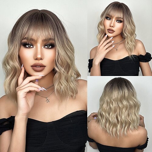 

HAIRCUBE Ombre Brown Short Water Wave Wigs for Women BOB Hairstyle