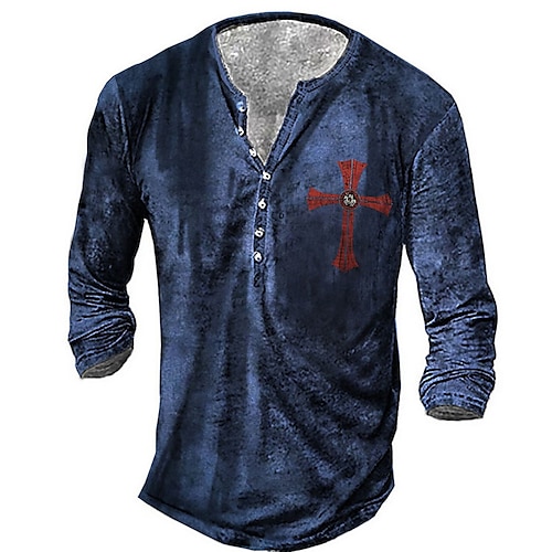 

Men's T shirt Tee Henley Shirt Tee Graphic Cross Henley Blue 3D Print Plus Size Outdoor Daily Long Sleeve Button-Down Print Clothing Apparel Basic Designer Classic Comfortable / Sports
